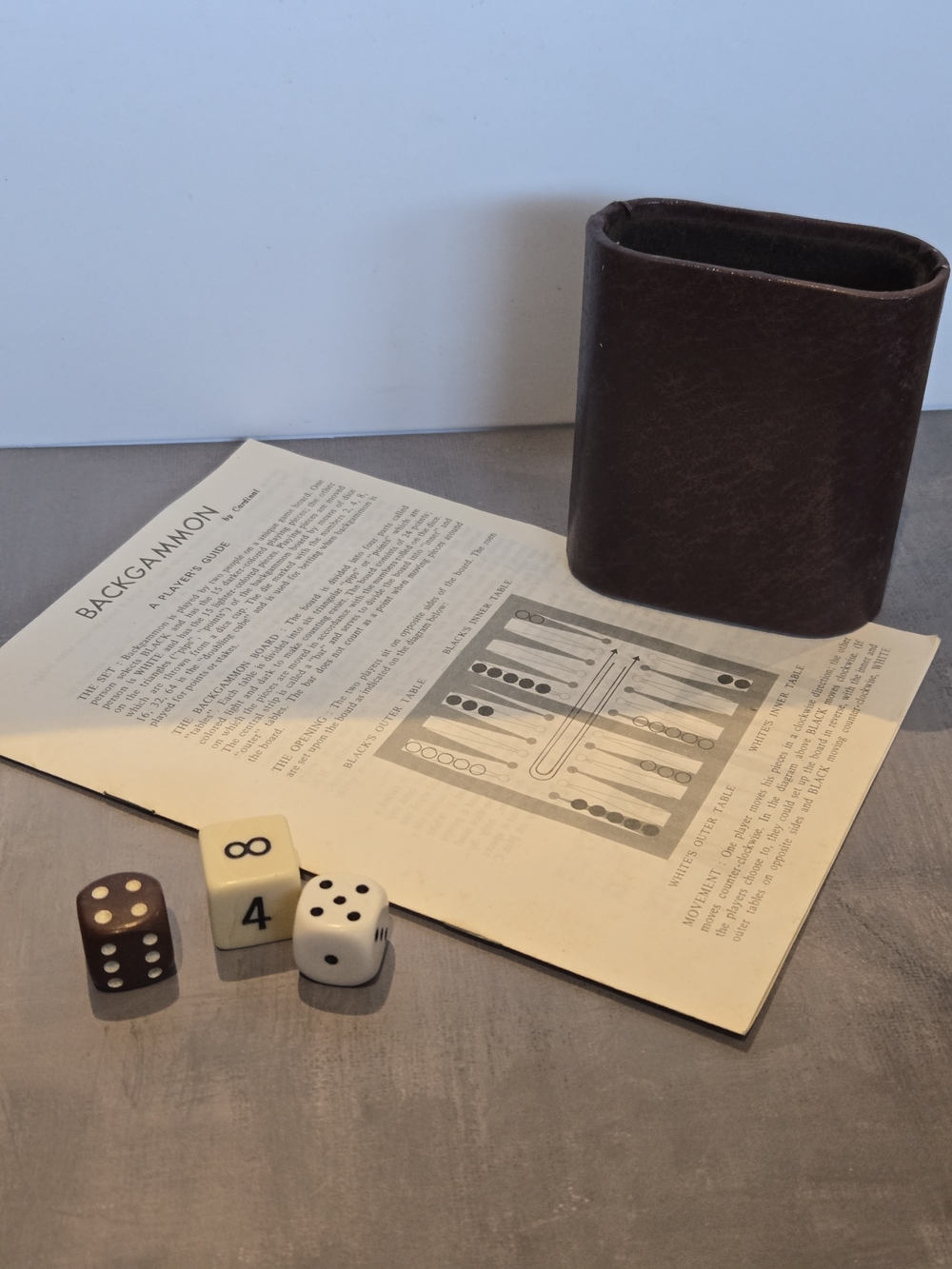 Vintage Backgammon Replacement Parts - Player's Guide Booklet, Shaker Cup, Dice